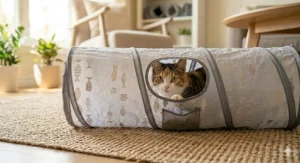 A curious calico cat poking its head through a built-in peephole in the center of a crinkle-material cat tunnel