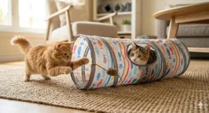 Two young cats playing hide and seek, with one cat inside a crinkle-paper cat tunnel and another pouncing from the outside.
