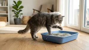 A tabby cat digging vigorously and scattering clay litter onto a wooden floor from a standard low pan.
