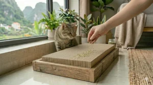 A size guide illustration displaying the length, width, and thickness measurements of a standard cat scratcher refill.