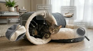 Infographic diagram showing the detachable cushion, collapsible tunnel walls, and non-slip bottom of a cat tunnel bed.