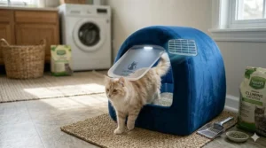 A happy cat entering a spacious covered litter box for privacy and comfort.
