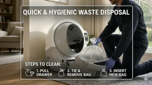 An illustration showing how to easily pull out and empty the waste drawer of an automatic litter box under 300.