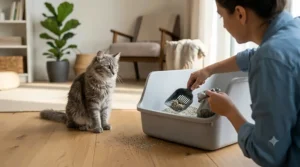 A cat owner using a plastic scoop to clean clumps from a large high-sided litter box.
