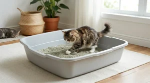 A vector style image showing a large litter scoop cleaning clumping litter inside an extra large litter box.