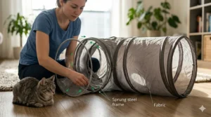 An illustration demonstrating how to fold and store a collapsible 3-way cat tunnel with its elastic strap.