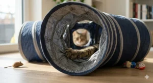 Detailed graphic showing a cat scratching the durable, crinkle-sound fabric lining the inside of a collapsible cat tunnel.