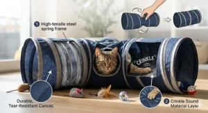 Infographic diagram showing the durable tear-resistant fabric and sprung steel frame of a collapsible cat tunnel.