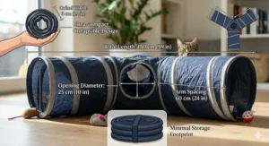 Dimension chart illustration showing the length and diameter measurements of a large collapsible cat tunnel.