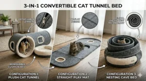 Illustration showing a convertible cat tunnel bed unzipped into a straight play mat and zipped up into a circular tunnel.