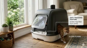 A close-up photograph of the textured, grate-like anti-tracking exit feature on the white base of the modern covered litter box, with scattered grains of kitty litter visible in the grate holes, and clean floors around it.