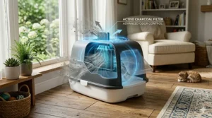 An infographic view of the modern covered litter box, showing the inner workings with glowing blue lines and translucent odor particles to visualize the effectiveness of an active charcoal filter for odor control.