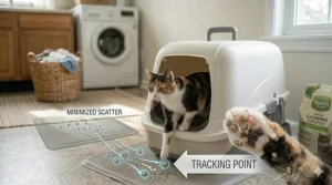 Diagram illustrating how a covered litter box prevents scatter and keeps floors clean from tracked litter.
