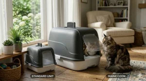 A size comparison showing the standard modern covered litter box alongside a visibly larger 'Maine Coon' size unit of the same model, both displayed on a wooden floor in the sunlit living room.