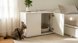 A minimalist white storage credenza modified into a DIY hidden litter box furniture piece with a custom side entrance.