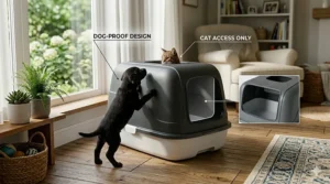 An infographic demonstrating the design features of a dog-proof covered litter box, with a callout showing how a cat can access the litter but a dog cannot, utilizing internal baffles and top entry.