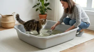 An illustration of a Maine Coon cat turning around comfortably in a spacious extra large litter box.
