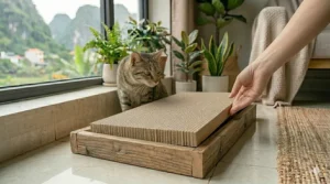 A happy calico cat blissfully stretching and sharpening its claws on a new cardboard cat scratcher refill.