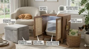 An elegant wooden end table functioning as a hidden covered litter box in a home.