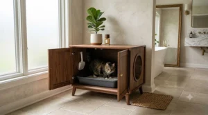 Waterproof hidden litter box furniture styled as a bathroom vanity cupboard under the sink.