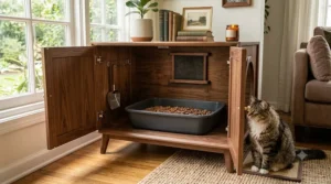 An open front view of hidden litter box furniture showing double doors, an interior cat litter pan, and a plastic scoop.