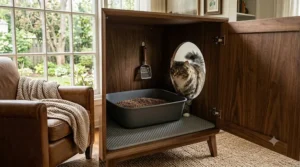 Modern mint green hidden litter box furniture utilized as a bedroom nightstand or end table.