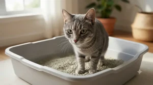 An illustrated cross-section of a high-sided extra large litter box showing how it prevents litter scatter.