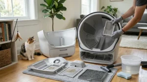 Disassembling the modular parts of a self-cleaning litter box for multiple cats for deep cleaning.