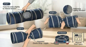Step-by-step illustration demonstrating how to easily fold and store a collapsible cat tunnel using the elastic strap.