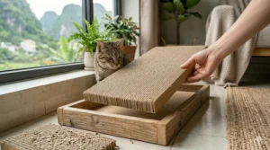 A step-by-step diagram showing how to remove a worn-out scratching pad and slide in a new cat scratcher refill.