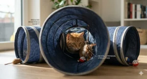 Illustration highlighting a happy indoor cat exercising and staying active using an interactive collapsible cat tunnel.