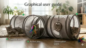 An illustration of a pet owner using a feather wand to entice a cat out of a 3-way cat tunnel.