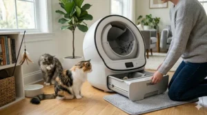 An owner pulling out the large capacity waste drawer of an automatic litter box designed for multiple cats.