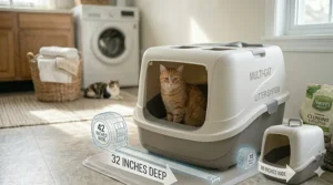 A size comparison illustration highlighting a large covered litter box suitable for big cats or multi-cat homes.