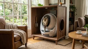 An extra large white hidden litter box furniture cabinet capable of housing an automatic self cleaning litter box.