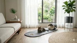 A modern minimalist cat tunnel bed styled next to a sofa in a contemporary living room.