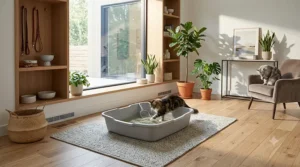 An architectural illustration of an extra large litter box hidden inside a stylish wooden cabinet in a hallway.
