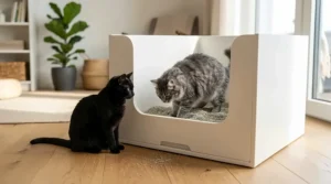 Two cats near a spacious, modern multi-cat high-sided litter box in a sunny living room.