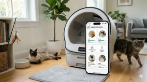 A smartphone app tracking individual pet weight and usage on a smart self-cleaning litter box for multiple cats.