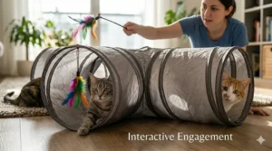 A colorful illustration of three different cats playing together inside and around a 3-way cat tunnel.