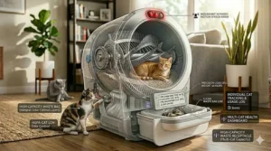 An illustration of multiple cats utilizing a spacious self-cleaning litter box in a tidy home.
