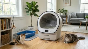 Size and dimension comparison of a spacious self-cleaning litter box for multiple cats.