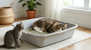 An illustration of two domestic short-hair cats standing near a jumbo extra large litter box.