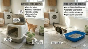 A comparison chart showing the pros of a covered litter box versus a traditional open litter pan.