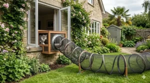 An illustration of an outdoor cat tunnel connected to a house window, allowing a tabby cat to walk outside safely.