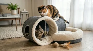 A playful calico cat peeking its head out of the side opening of a donut-shaped cat tunnel bed.