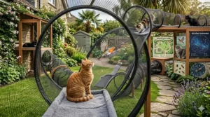 A cat safely watching birds from inside a secure mesh outdoor cat tunnel, protected from predators and traffic.