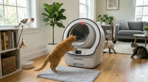 Smart safety sensors automatically pausing a self-cleaning litter box as a cat approaches.