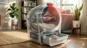 An illustration highlighting the smart safety motion sensors on an automatic self-cleaning litter box.