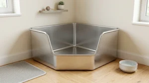 An empty durable stainless steel high-sided litter box designed for a corner space.